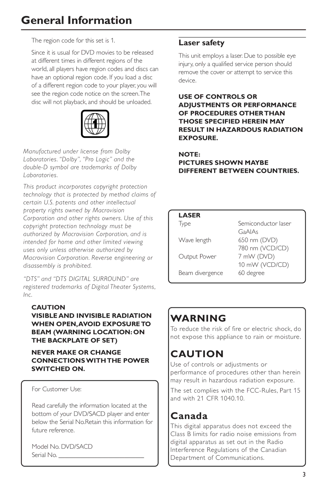 Philips DVD963SA98 owner manual General Information, Laser safety 