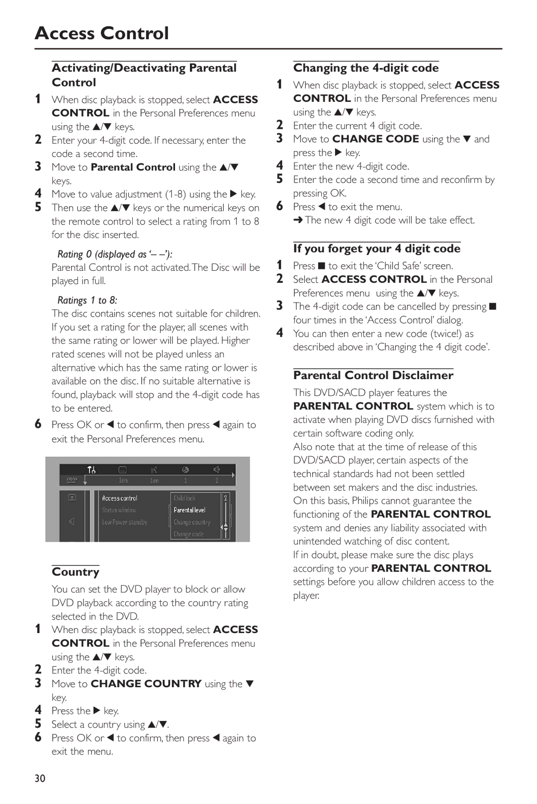 Philips DVD963SA98 owner manual Activating/Deactivating Parental Control, Country, Changing the 4-digit code 