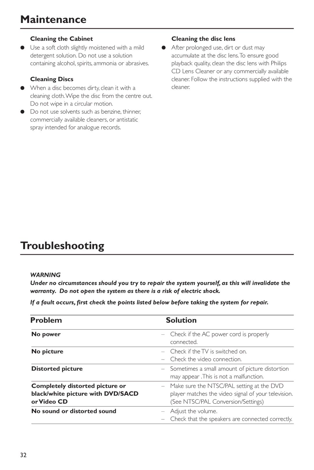 Philips DVD963SA98 owner manual Maintenance, Troubleshooting, Problem Solution 