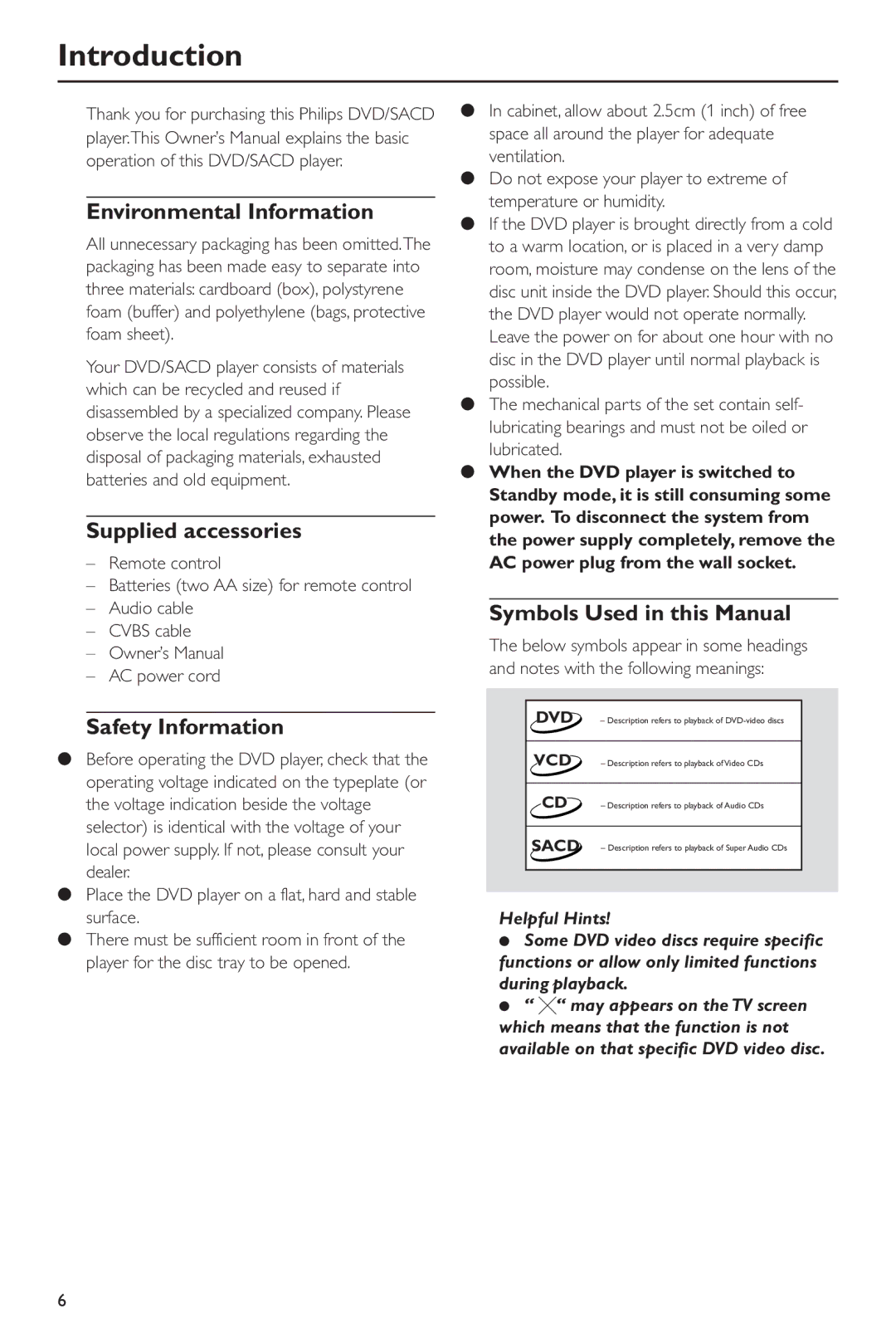 Philips DVD963SA98 owner manual Introduction, Environmental Information, Supplied accessories, Safety Information 