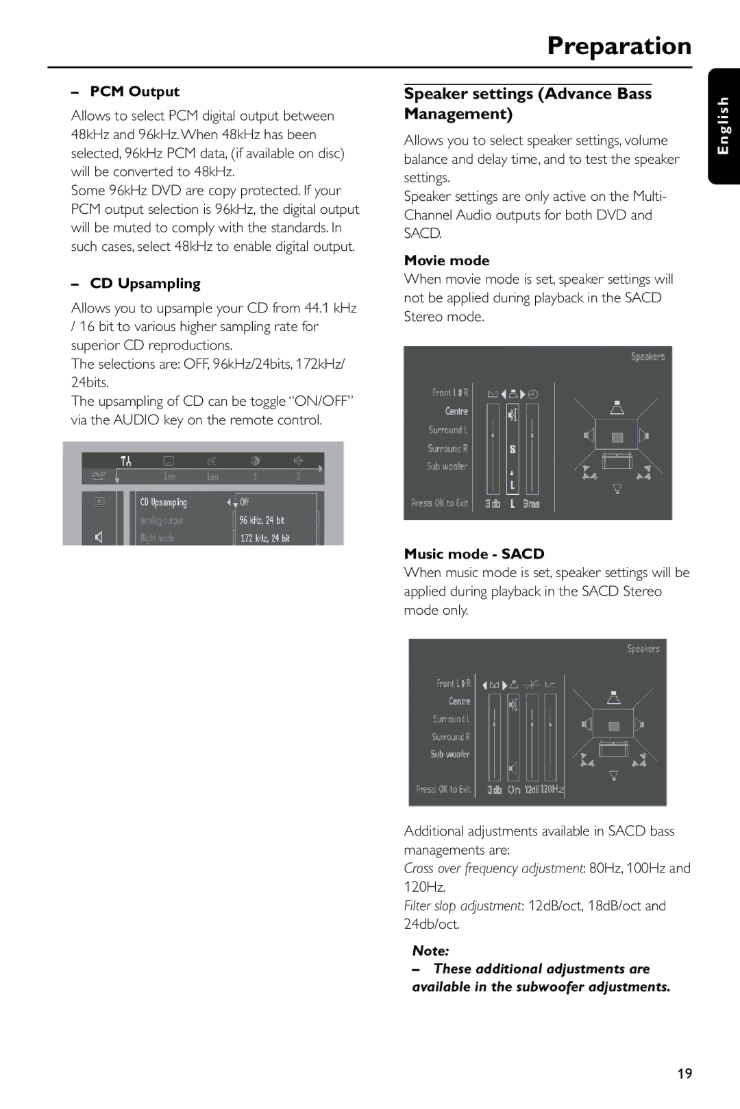 Philips DVD963SA/P01 Speaker settings Advance Bass Management, PCM Output, CD Upsampling, Movie mode, Music mode Sacd 