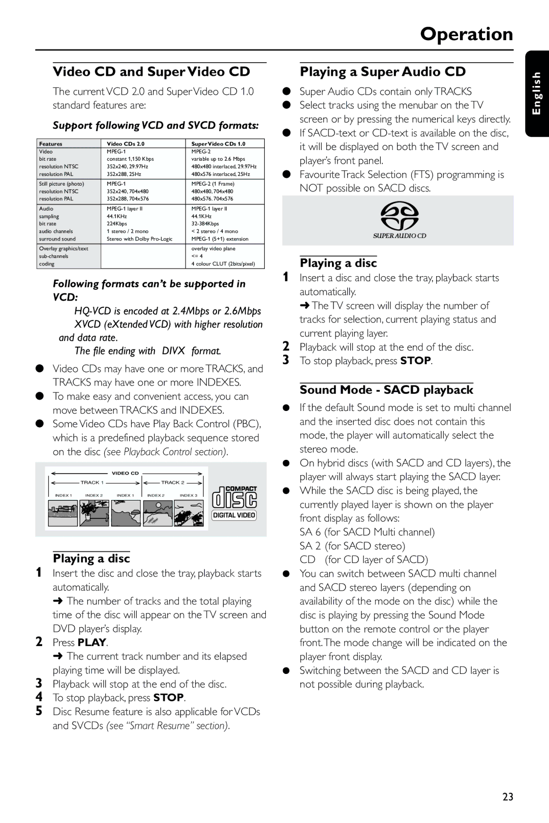 Philips DVD963SA/P01 manual Video CD and Super Video CD, Playing a Super Audio CD, Playing a disc, Sound Mode Sacd playback 