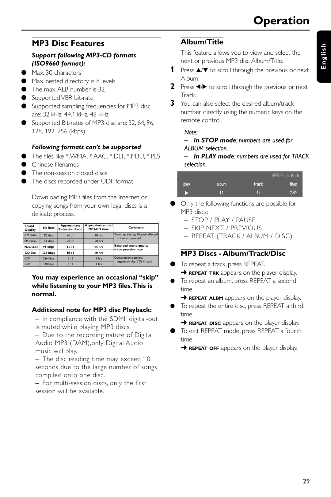 Philips DVD963SA/P01 manual MP3 Disc Features, Album/Title, MP3 Discs Album/Track/Disc 