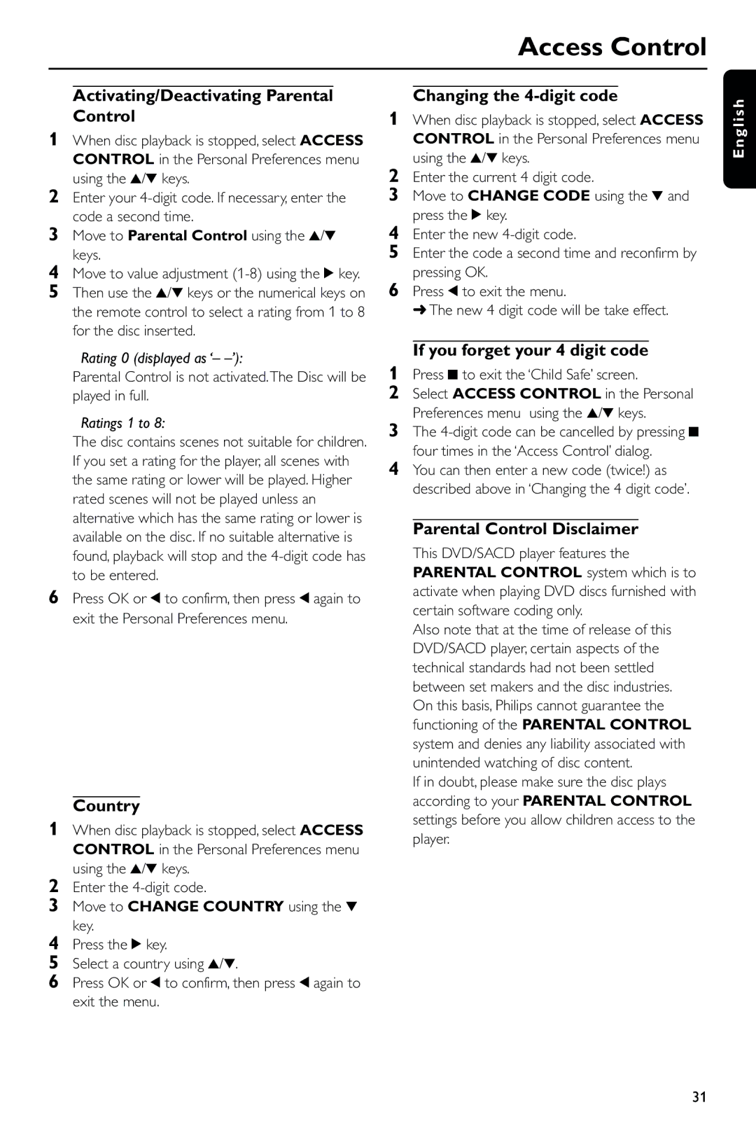 Philips DVD963SA/P01 manual Activating/Deactivating Parental Control, Changing the 4-digit code, Country 