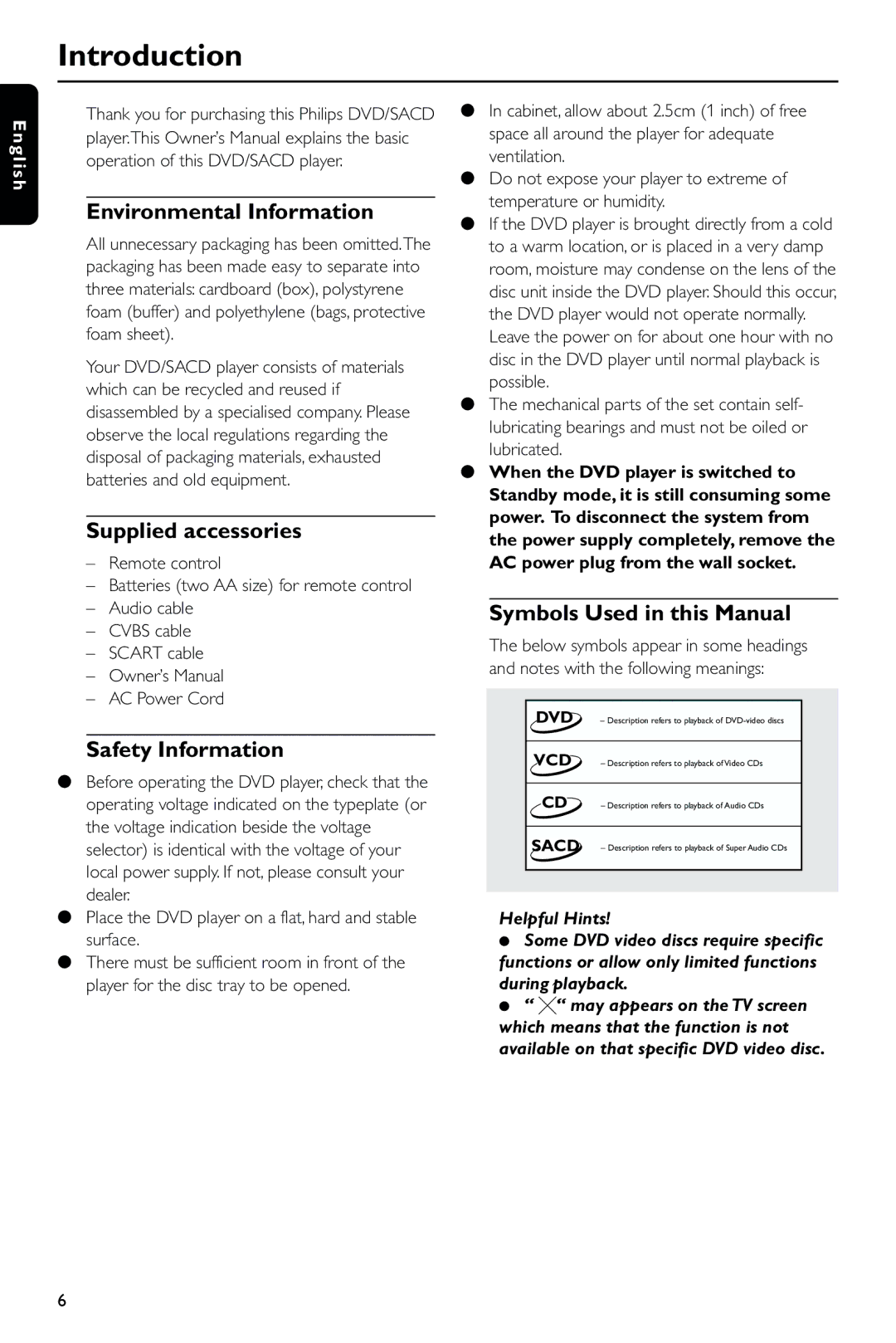 Philips DVD963SA/P01 manual Introduction, Environmental Information, Supplied accessories, Safety Information 