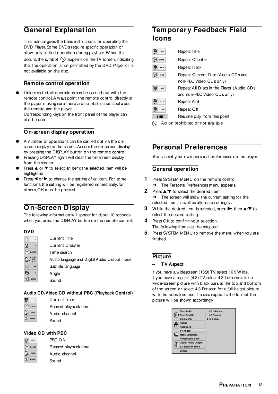 Philips DVD972C owner manual General Explanation, On-Screen Display, Temporary Feedback Field Icons, Personal Preferences 