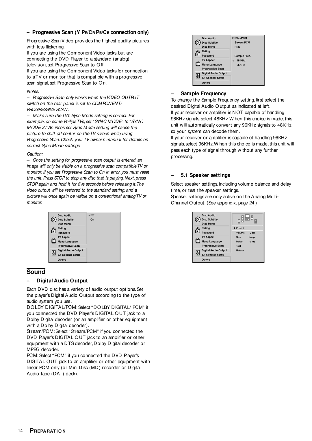 Philips DVD972C Progressive Scan Y PR/CR PB/CB connection only, Digital Audio Output, Sample Frequency, Speaker settings 