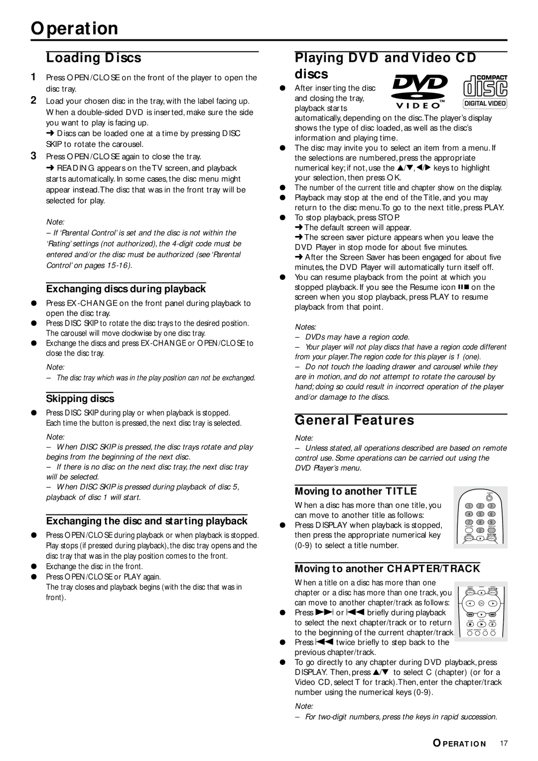 Philips DVD972C owner manual Operation, Loading Discs, Playing DVD and Video CD discs, General Features 