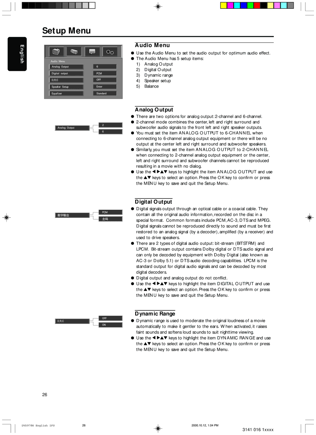 Philips DVD978K/691 owner manual Audio Menu, Analog Output, Digital Output, Dynamic Range 