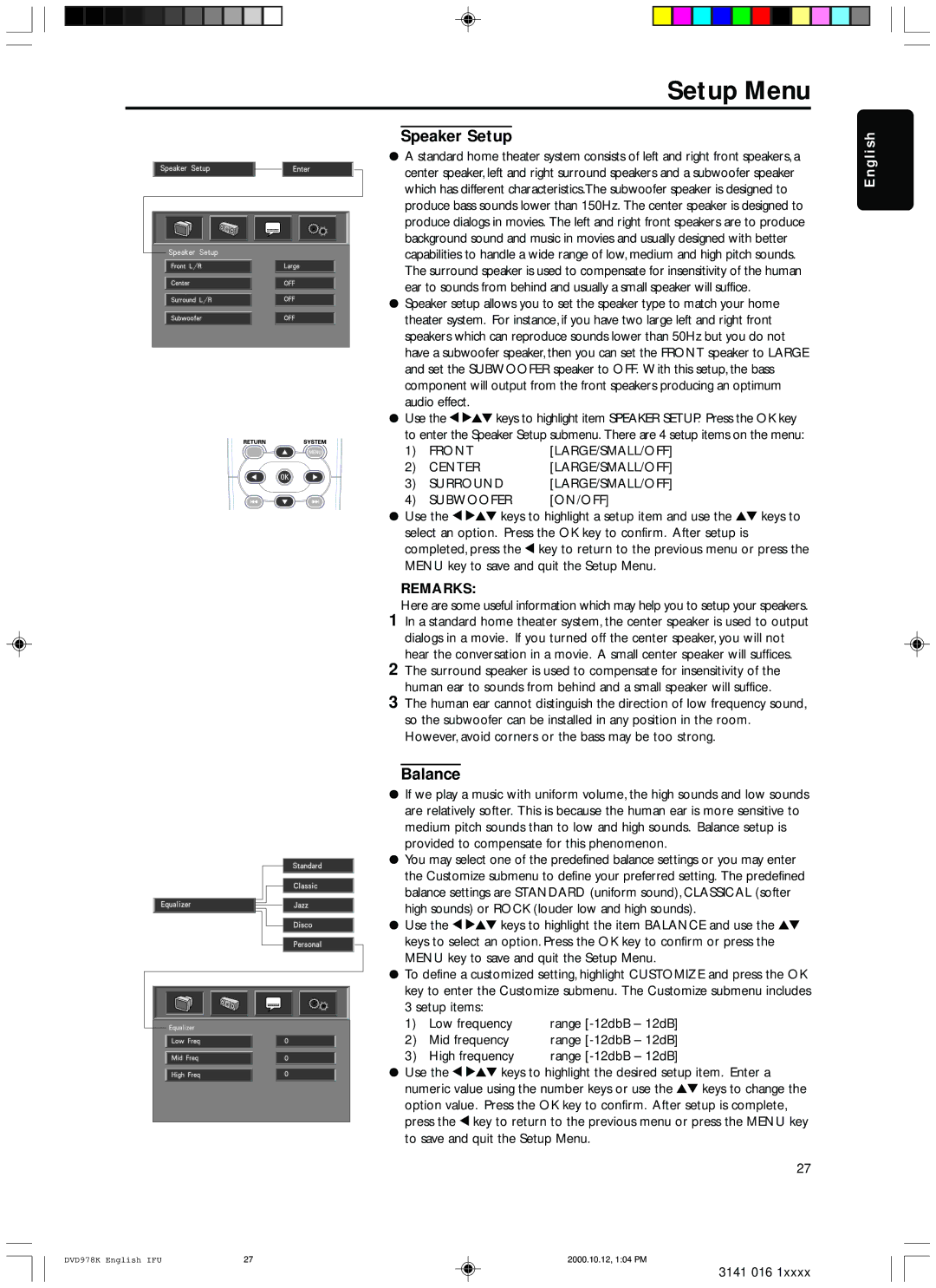 Philips DVD978K/691 owner manual Speaker Setup, Balance 