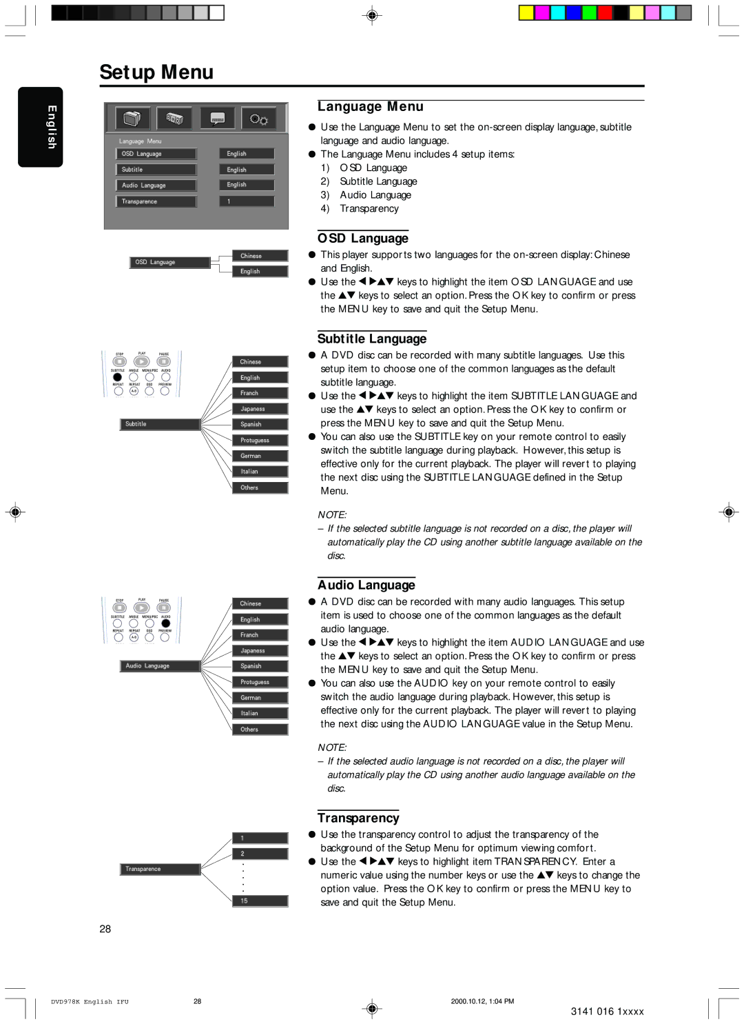 Philips DVD978K/691 owner manual Language Menu, OSD Language, Subtitle Language, Audio Language, Transparency 