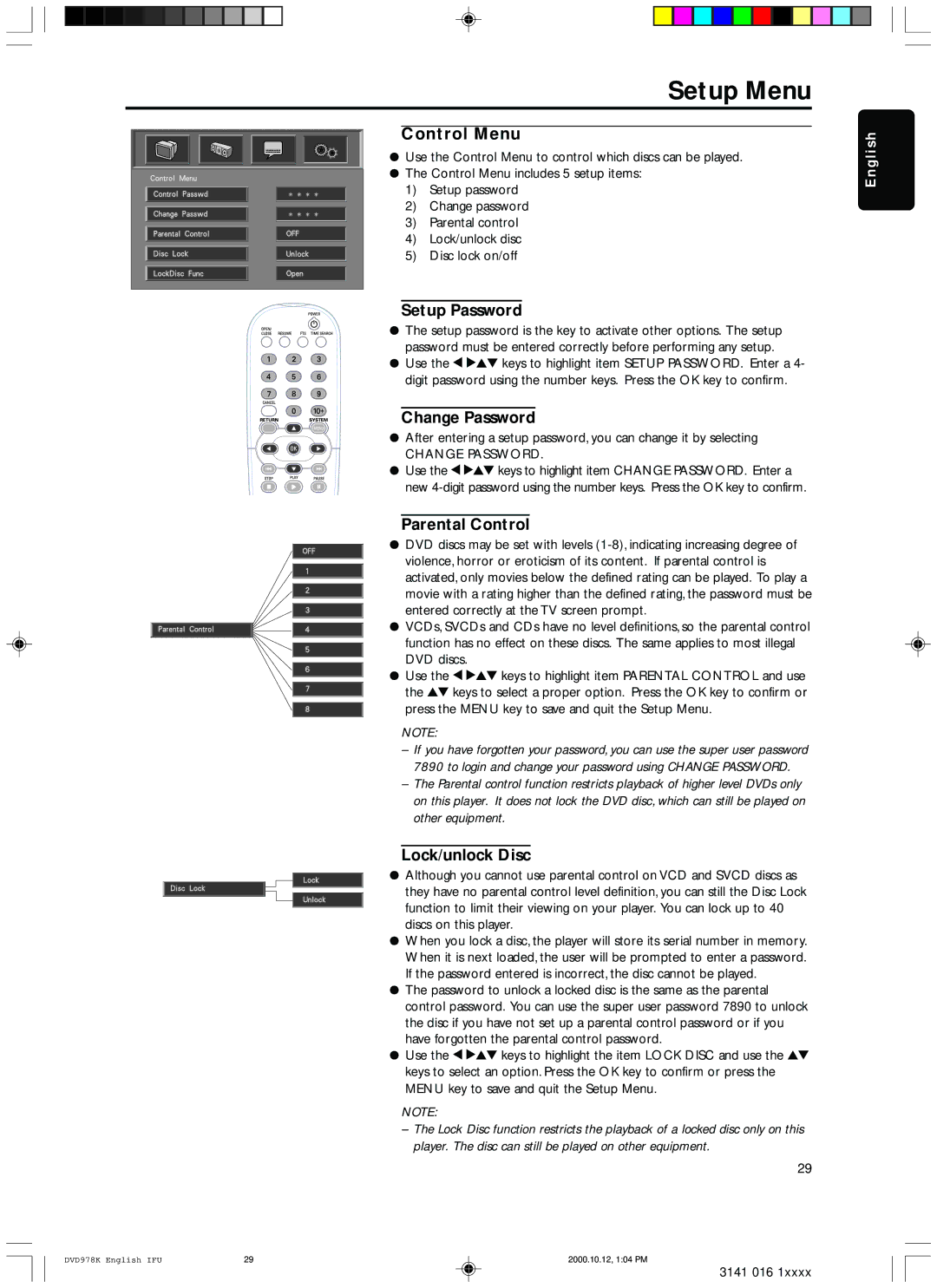 Philips DVD978K/691 owner manual Control Menu, Setup Password, Change Password, Parental Control, Lock/unlock Disc 