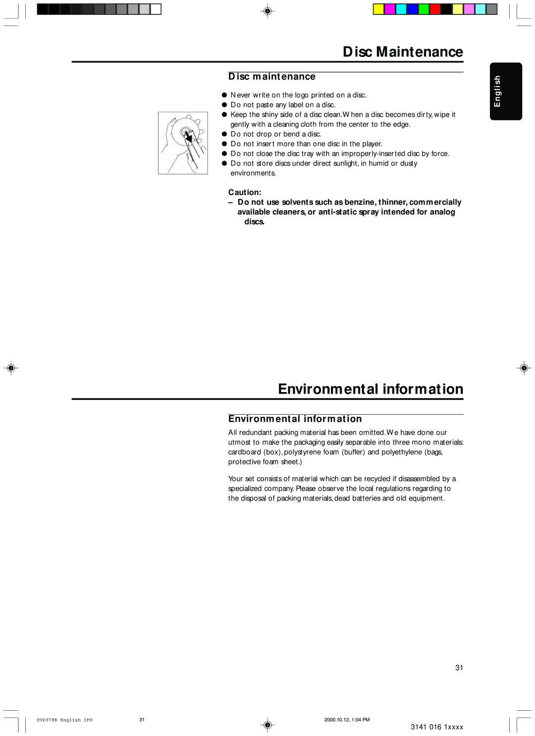 Philips DVD978K/691 owner manual Disc Maintenance, Environmental information, Disc maintenance, Discs 