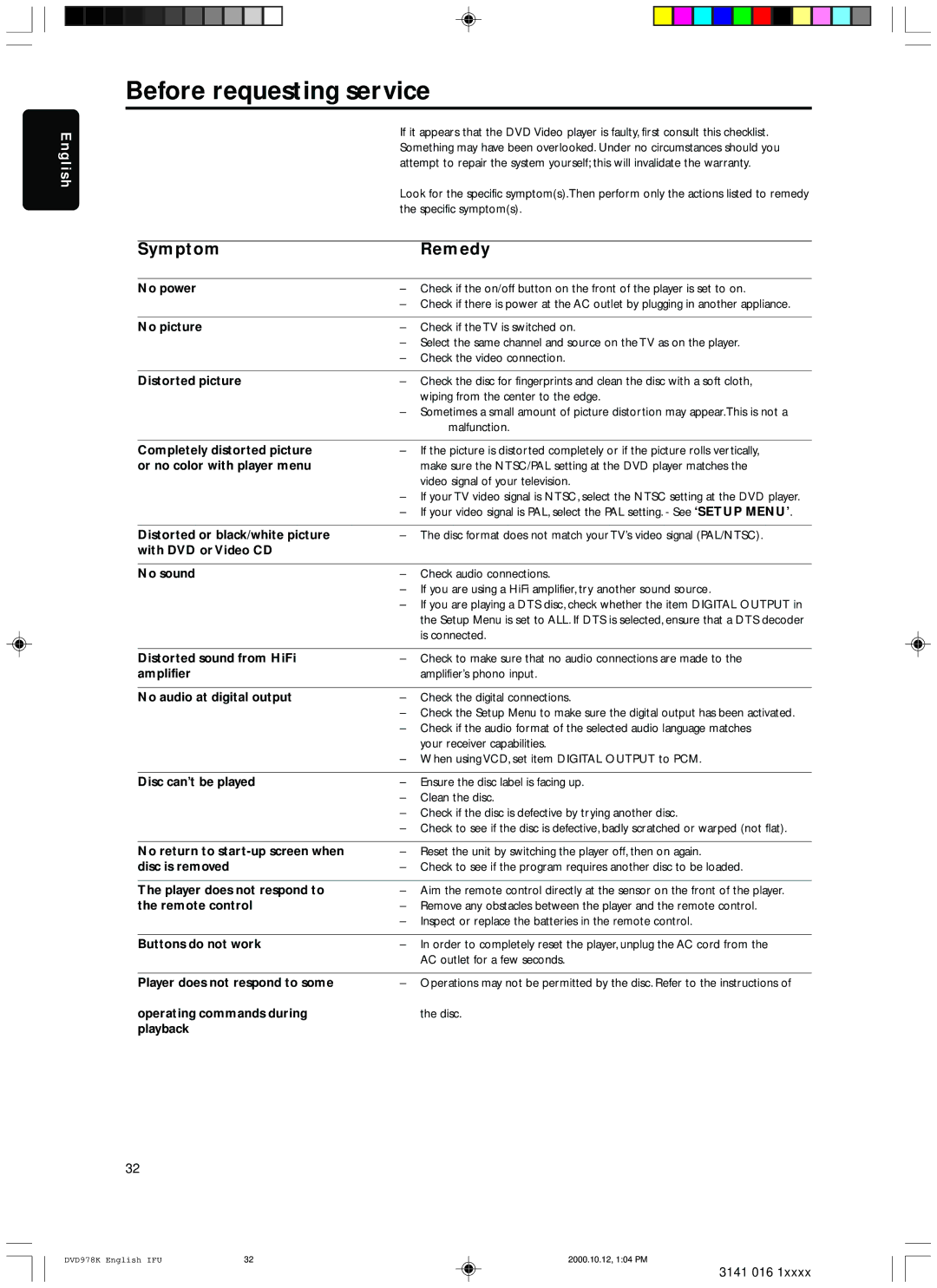 Philips DVD978K/691 owner manual Before requesting service, Symptom Remedy 