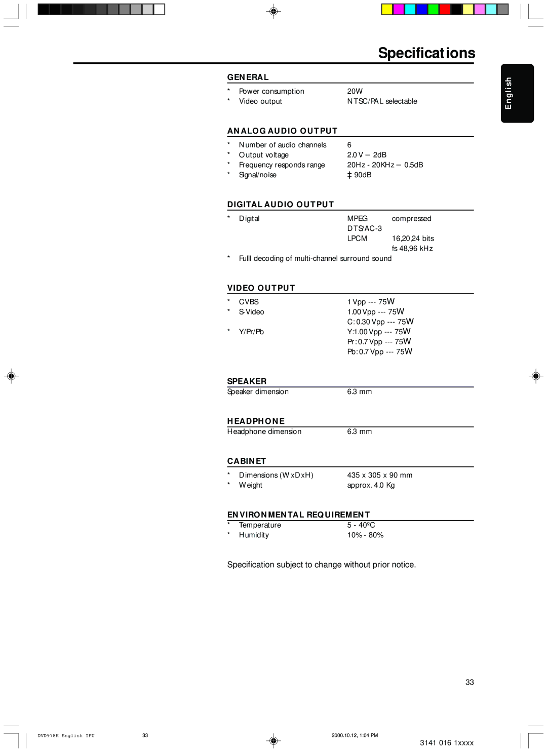 Philips DVD978K/691 owner manual Specifications 