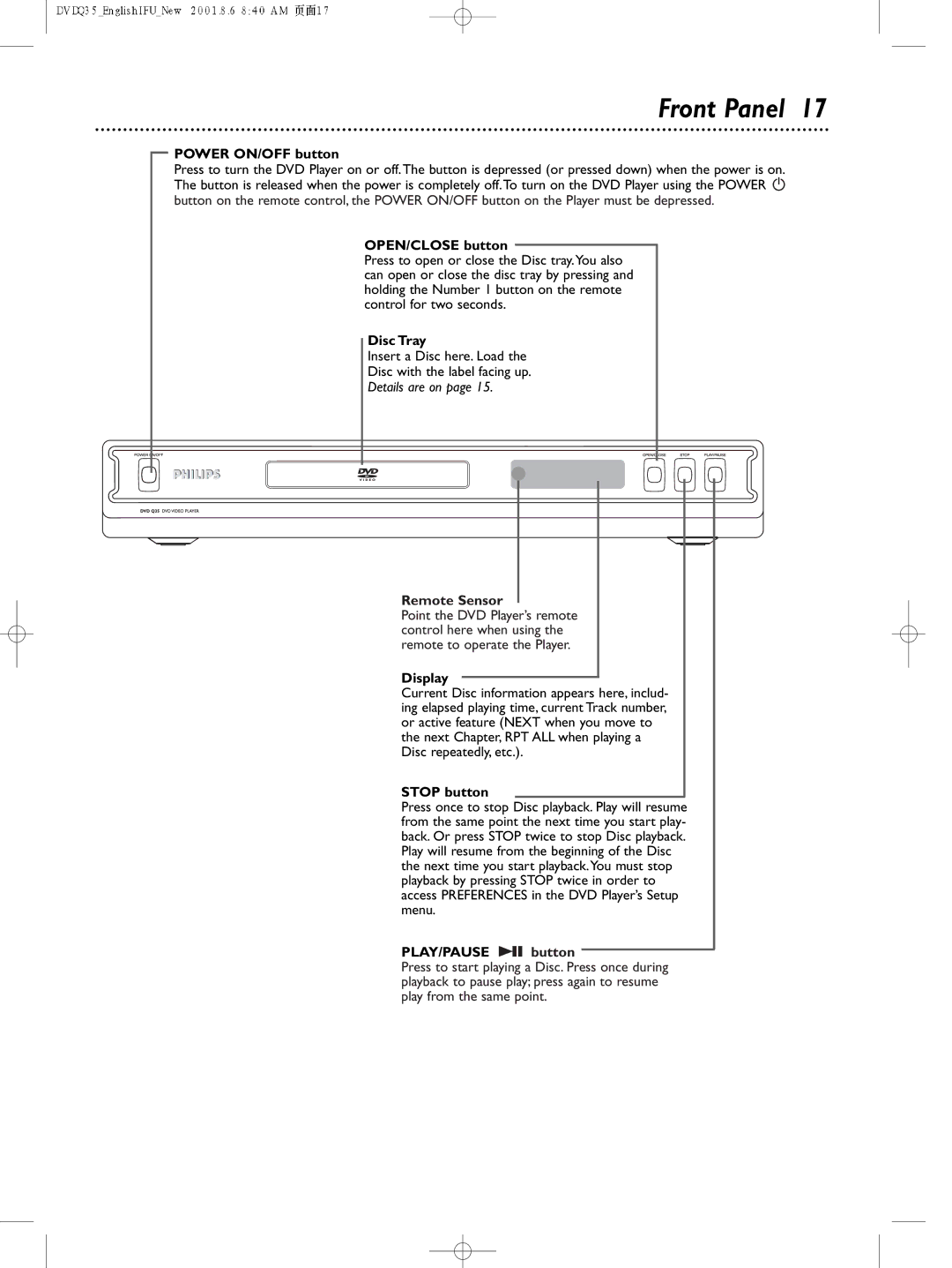 Philips DVDQ35 owner manual Front Panel 