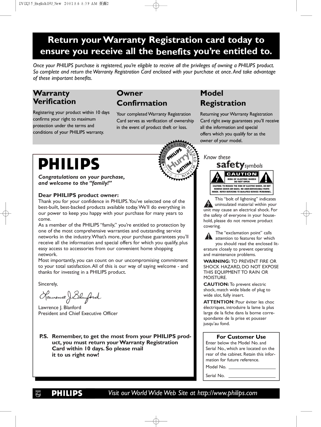 Philips DVDQ35 owner manual Dear Philips product owner, Remember, to get the most from your Philips prod, For Customer Use 