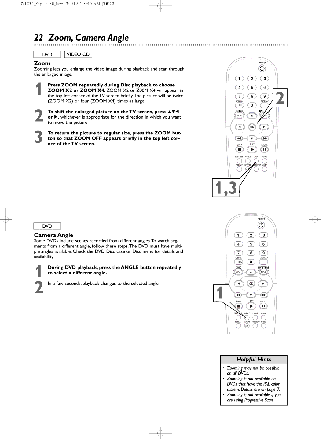 Philips DVDQ35 owner manual Zoom, Camera Angle 