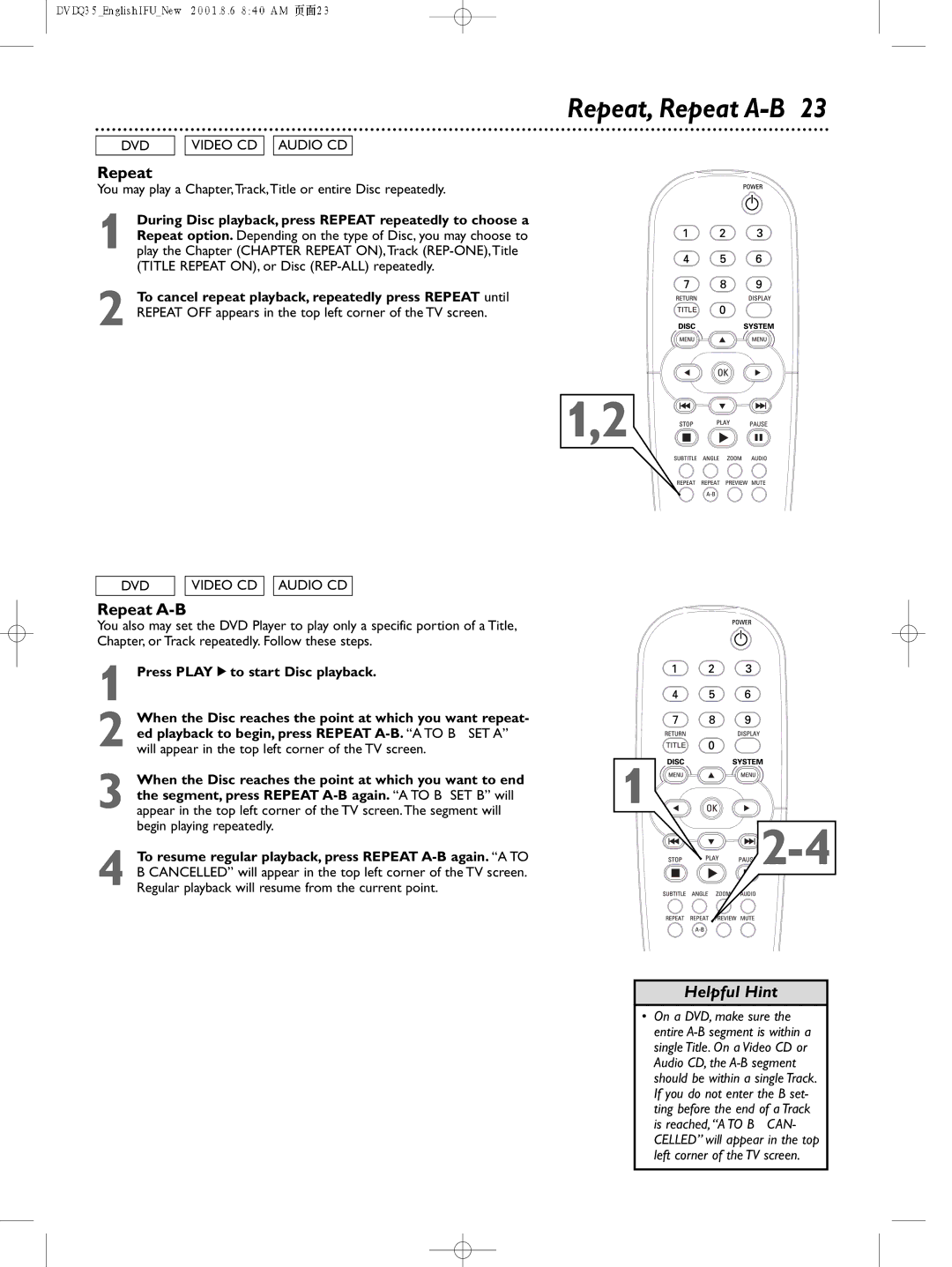 Philips DVDQ35 owner manual Repeat, Repeat A-B 