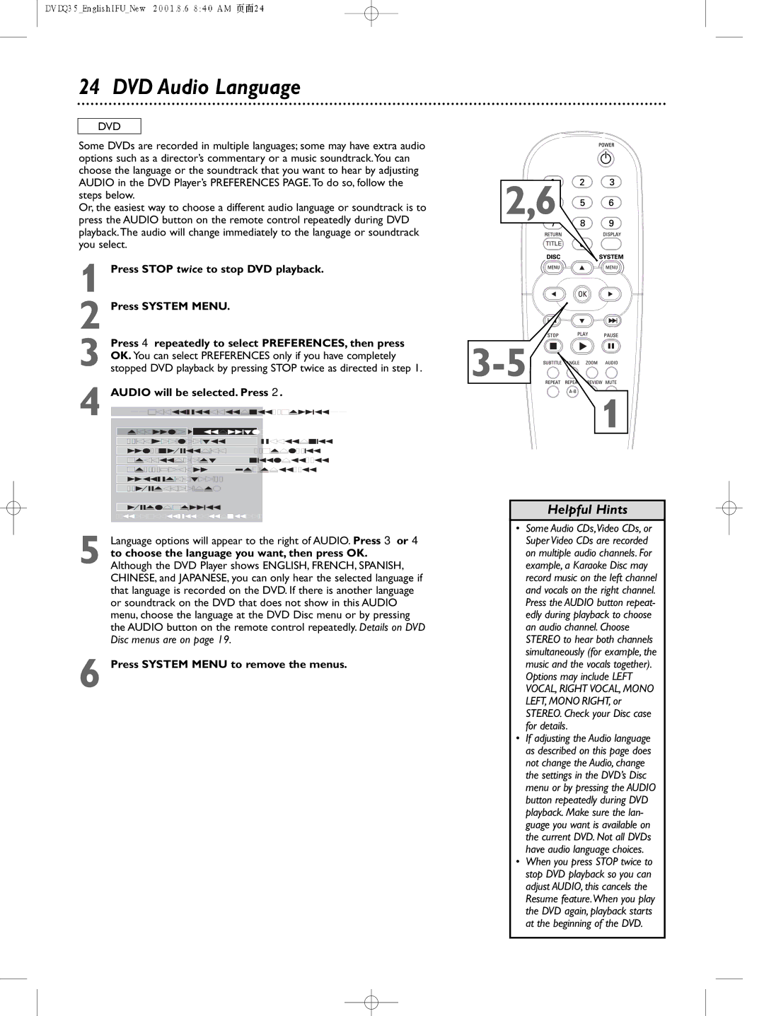 Philips DVDQ35 owner manual DVD Audio Language, Audio will be selected. Press, Press System Menu to remove the menus 