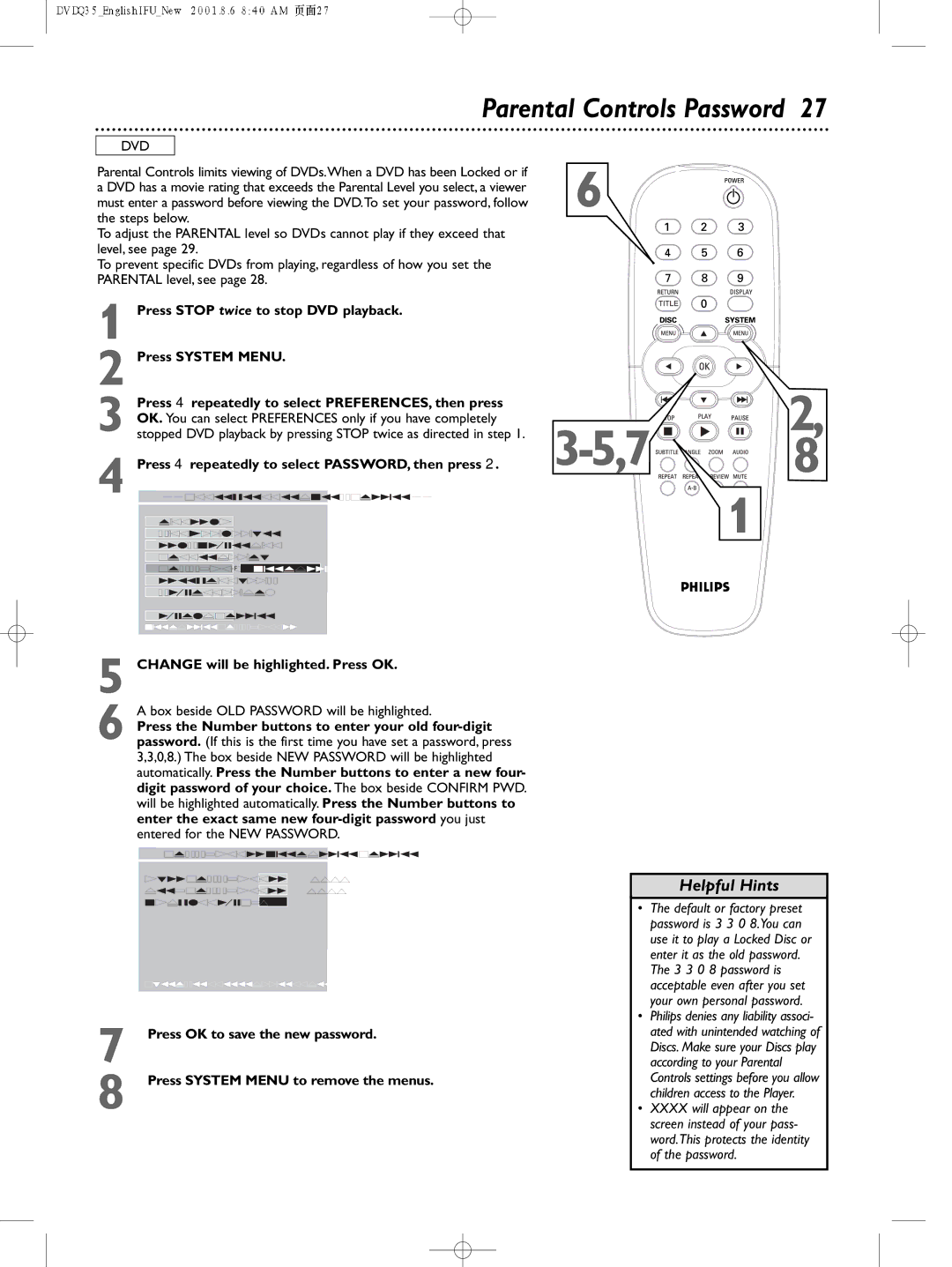 Philips DVDQ35 owner manual Parental Controls Password, Press 4 repeatedly to select PASSWORD, then press 