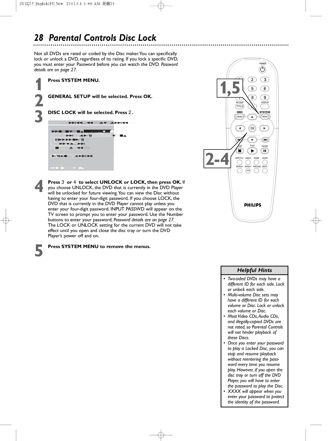 Philips DVDQ35 owner manual Parental Controls Disc Lock 