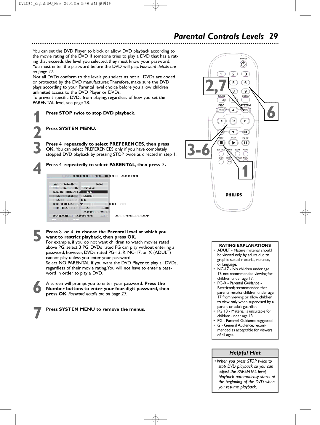 Philips DVDQ35 owner manual Parental Controls Levels, Press 4 repeatedly to select PARENTAL, then press 