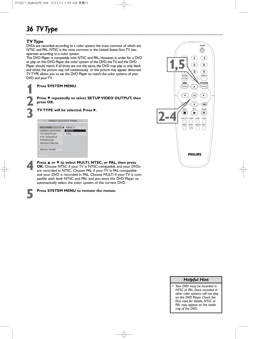 Philips DVDQ35 owner manual TVType, TV Type 