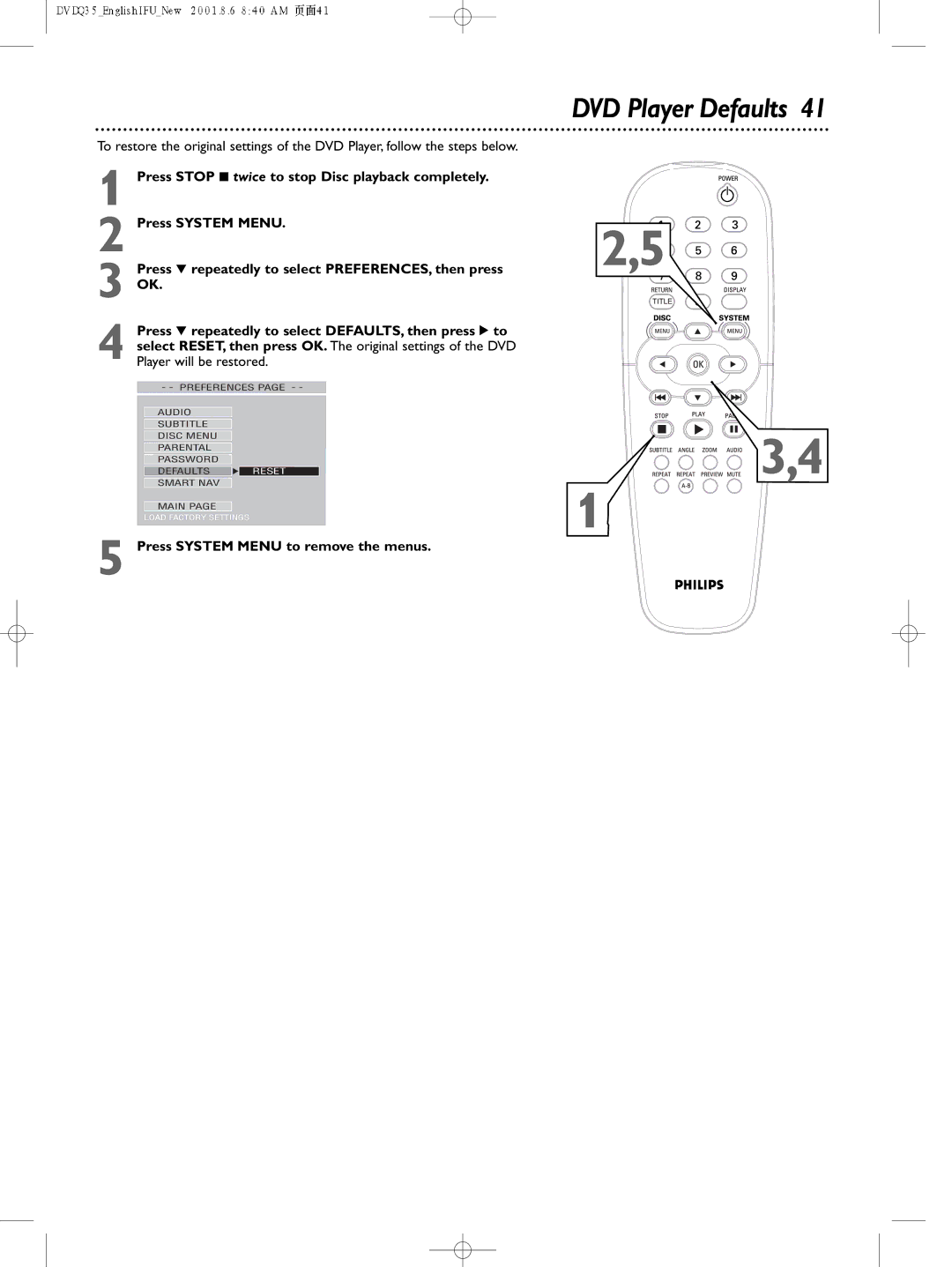 Philips DVDQ35 owner manual DVD Player Defaults 