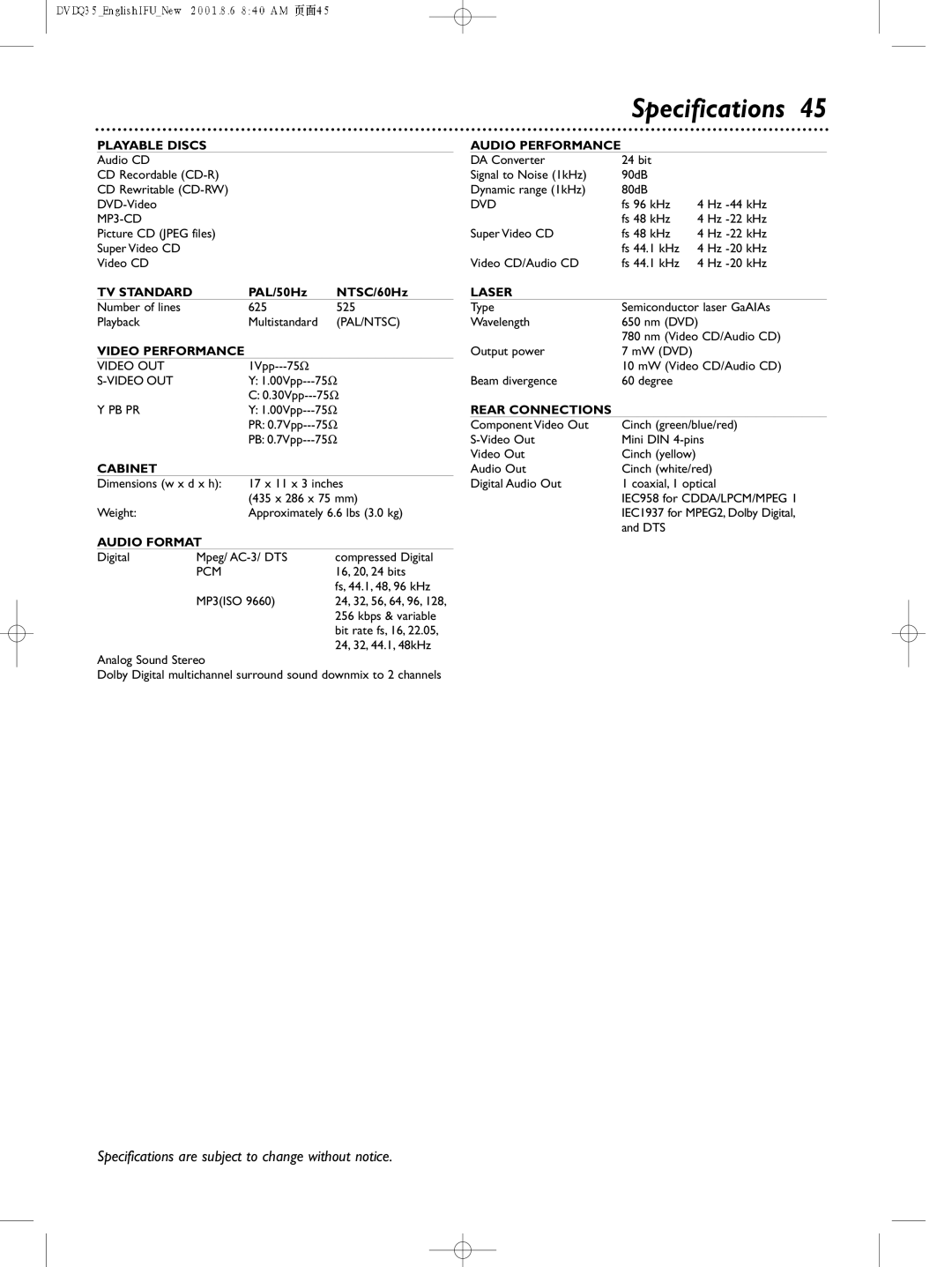 Philips DVDQ35 owner manual Specifications, Playable Discs 