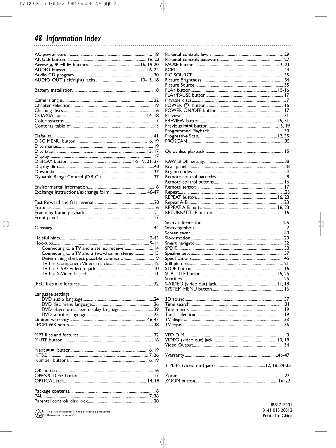 Philips DVDQ35 owner manual Information Index, Audio OUT left/right jacks 