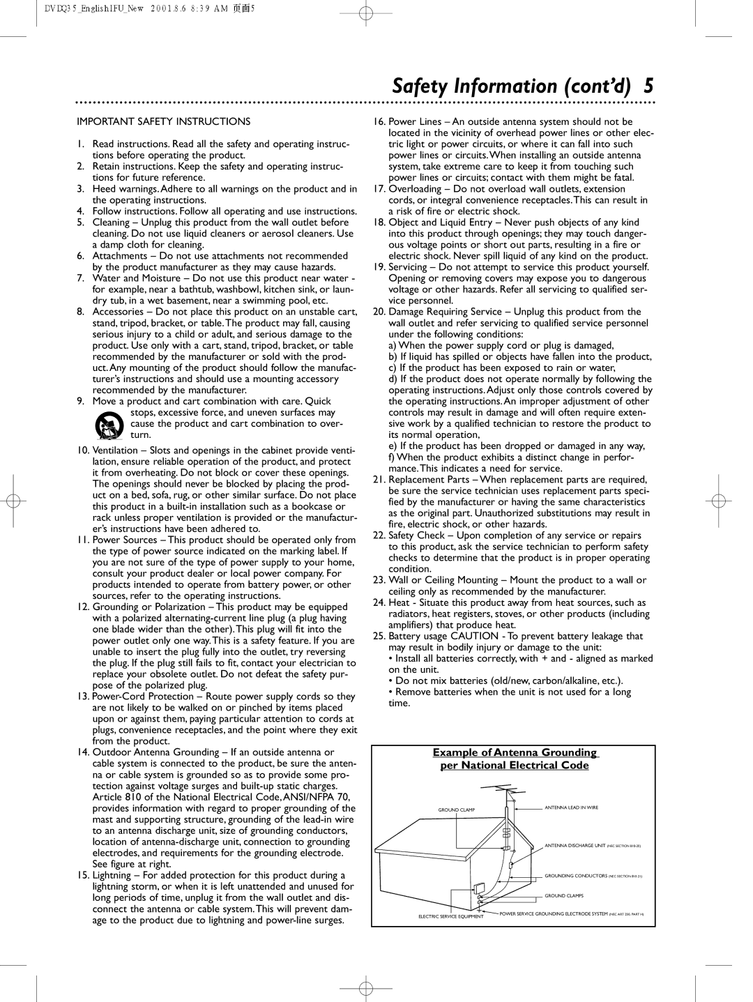 Philips DVDQ35 owner manual Safety Information cont’d, Example of Antenna Grounding per National Electrical Code 