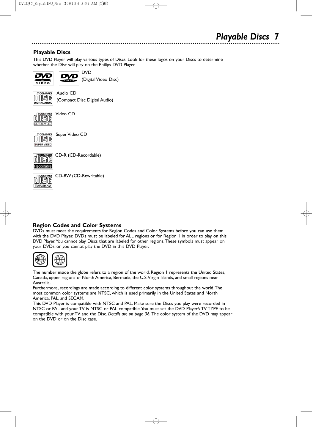 Philips DVDQ35 owner manual Playable Discs, Region Codes and Color Systems 