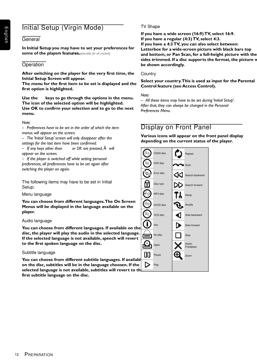 Philips DVDQ40/002 owner manual Initial Setup Virgin Mode, Display on Front Panel, General, Operation 