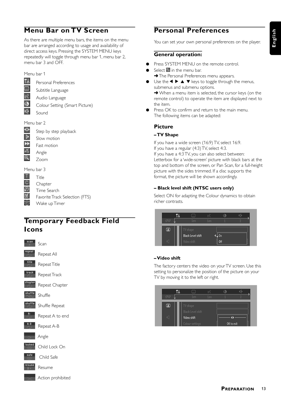 Philips DVDQ40/002 Menu Bar on TV Screen, Personal Preferences, Temporary Feedback Field Icons, General operation 