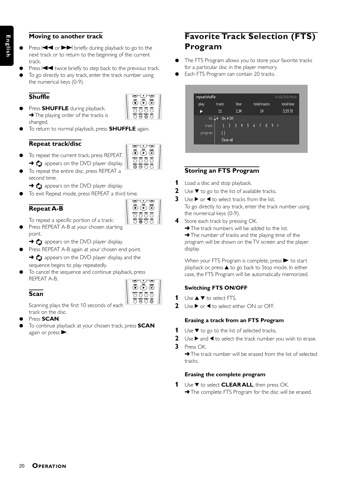 Philips DVDQ40/002 owner manual Favorite Track Selection FTS Program, Moving to another track, Repeat track/disc 