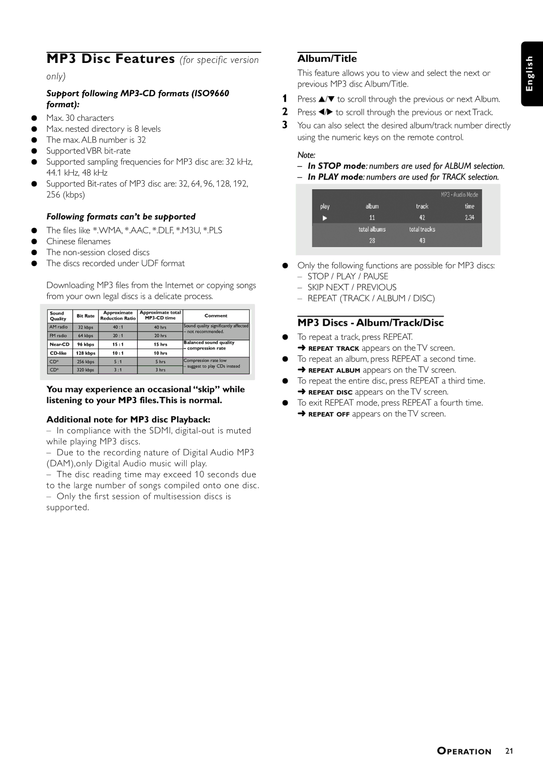 Philips DVDQ40/002 owner manual Album/Title, MP3 Discs Album/Track/Disc, Additional note for MP3 disc Playback 