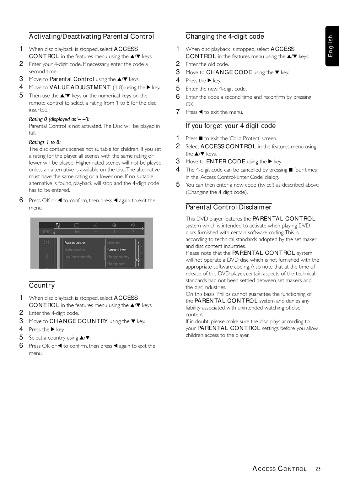 Philips DVDQ40/002 owner manual Activating/Deactivating Parental Control, Country, Changing the 4-digit code 