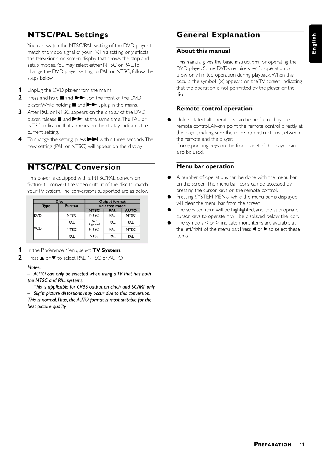 Philips DVDQ40/022 owner manual NTSC/PAL Settings, General Explanation, NTSC/PAL Conversion 