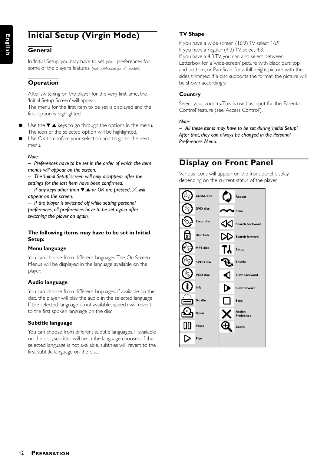 Philips DVDQ40/022 owner manual Initial Setup Virgin Mode, Display on Front Panel, General, Operation 