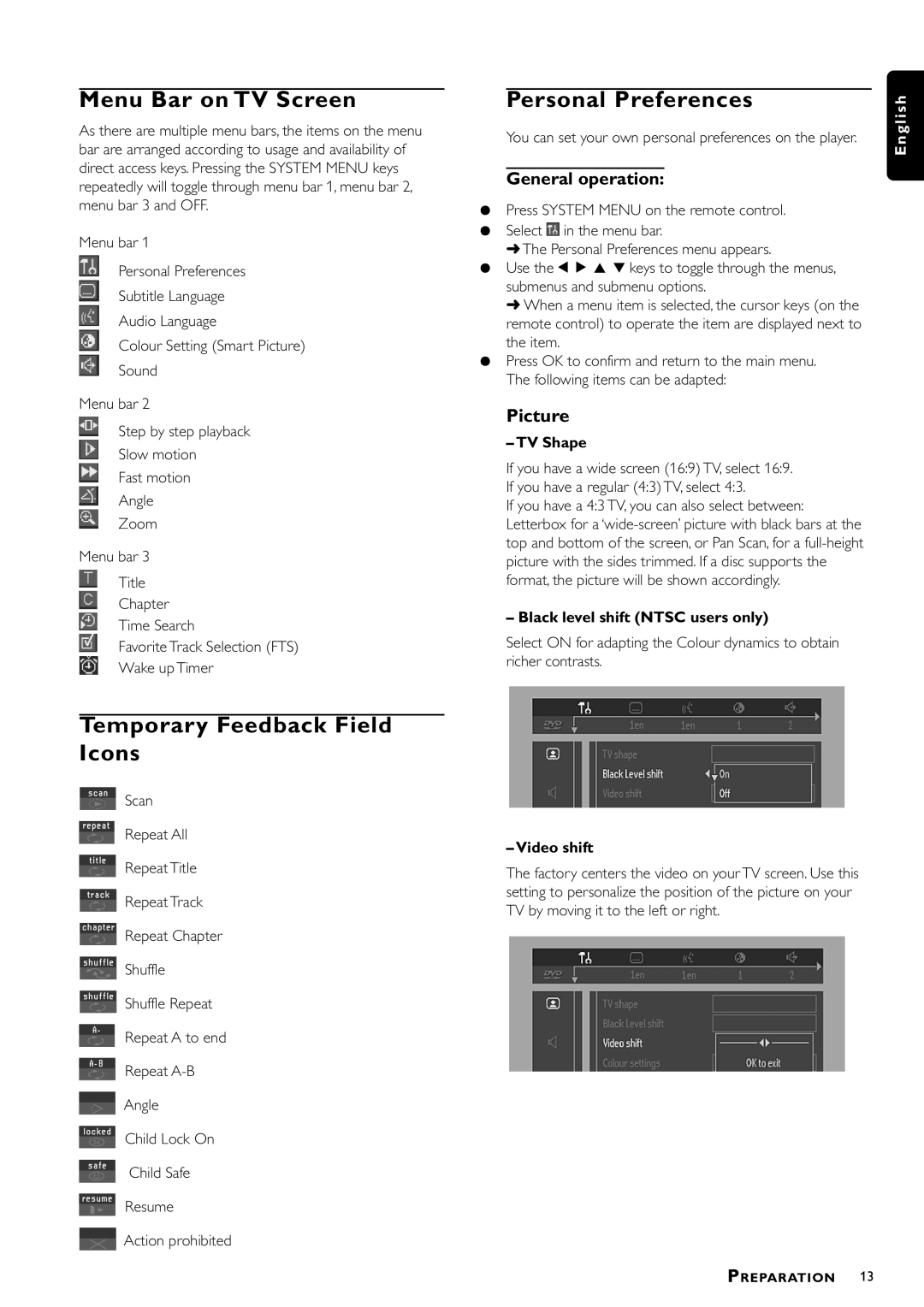 Philips DVDQ40/022 Menu Bar on TV Screen, Personal Preferences, Temporary Feedback Field Icons, General operation 