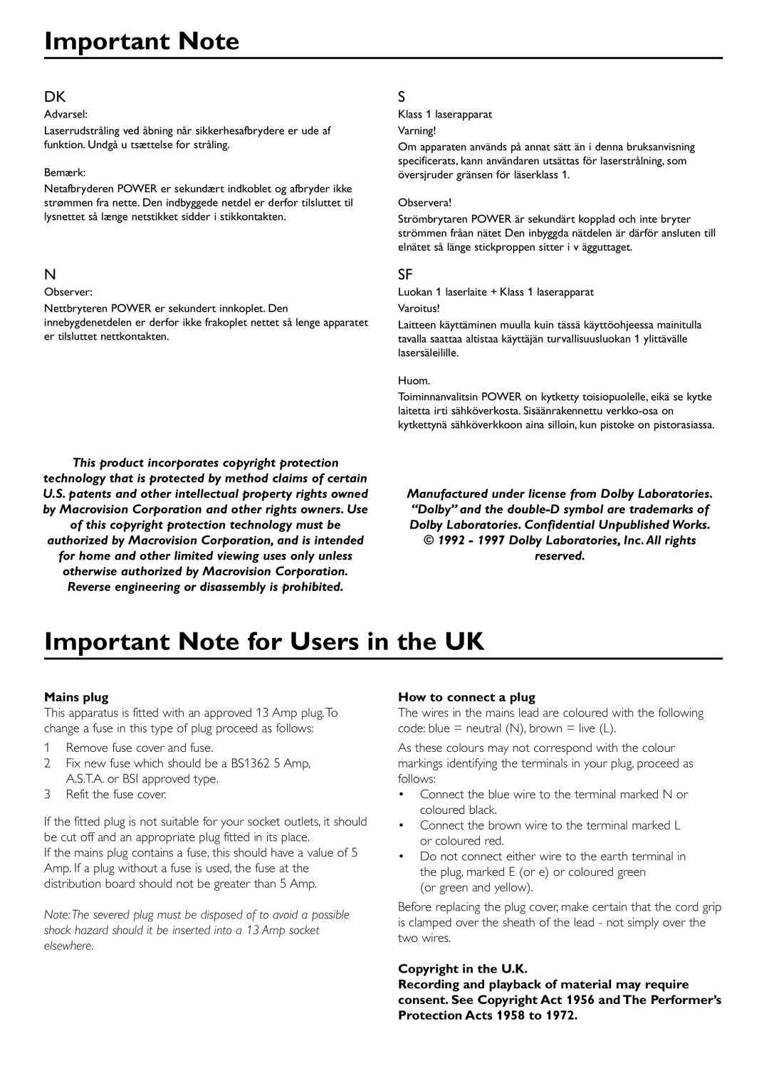 Philips DVDQ40/022 owner manual Important Note for Users in the UK, Mains plug, How to connect a plug 