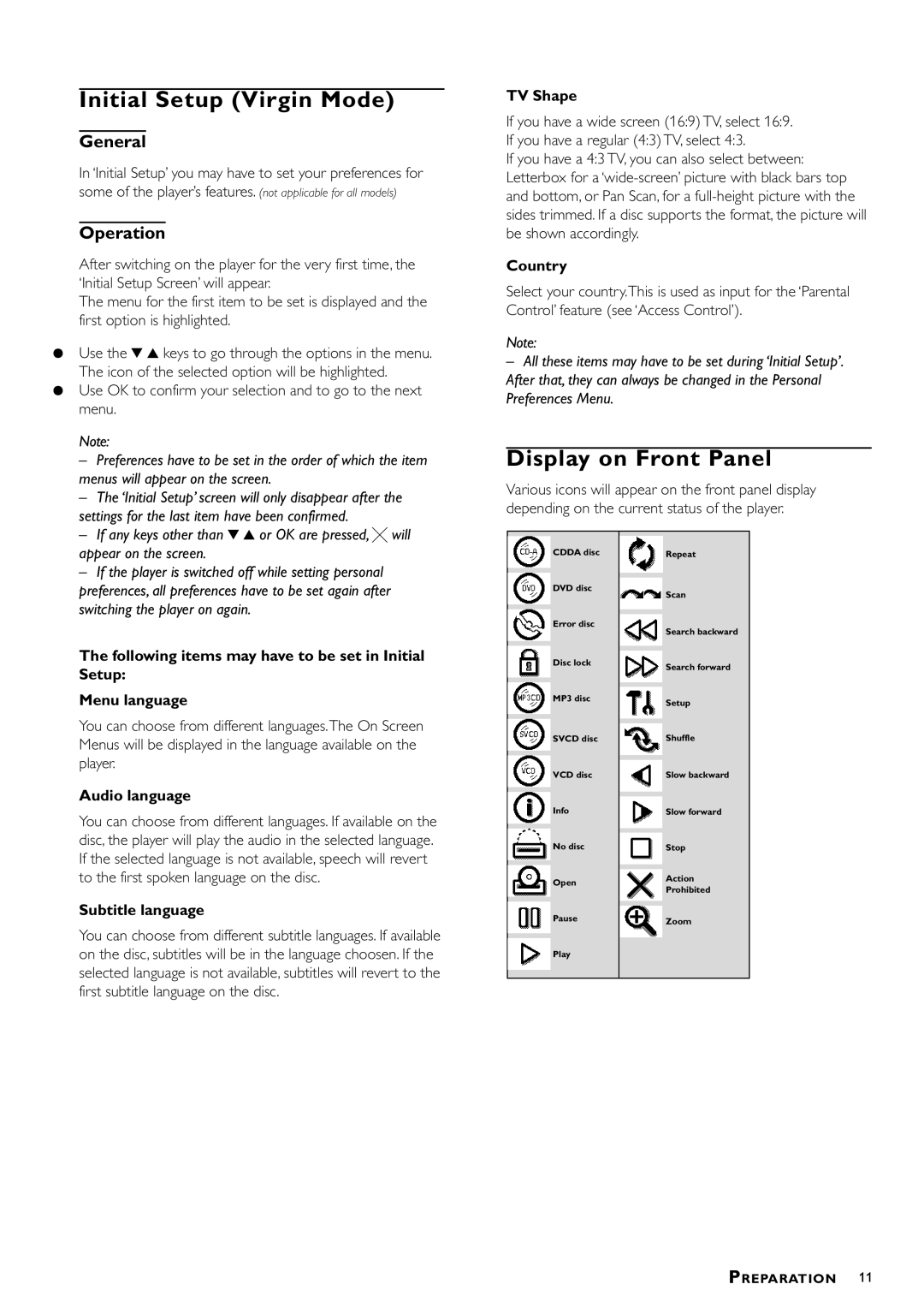 Philips DVDQ40/052 owner manual Initial Setup Virgin Mode, Display on Front Panel, General, Operation 