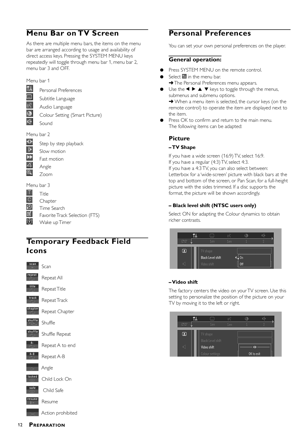 Philips DVDQ40/052 Menu Bar on TV Screen, Personal Preferences, Temporary Feedback Field Icons, General operation 