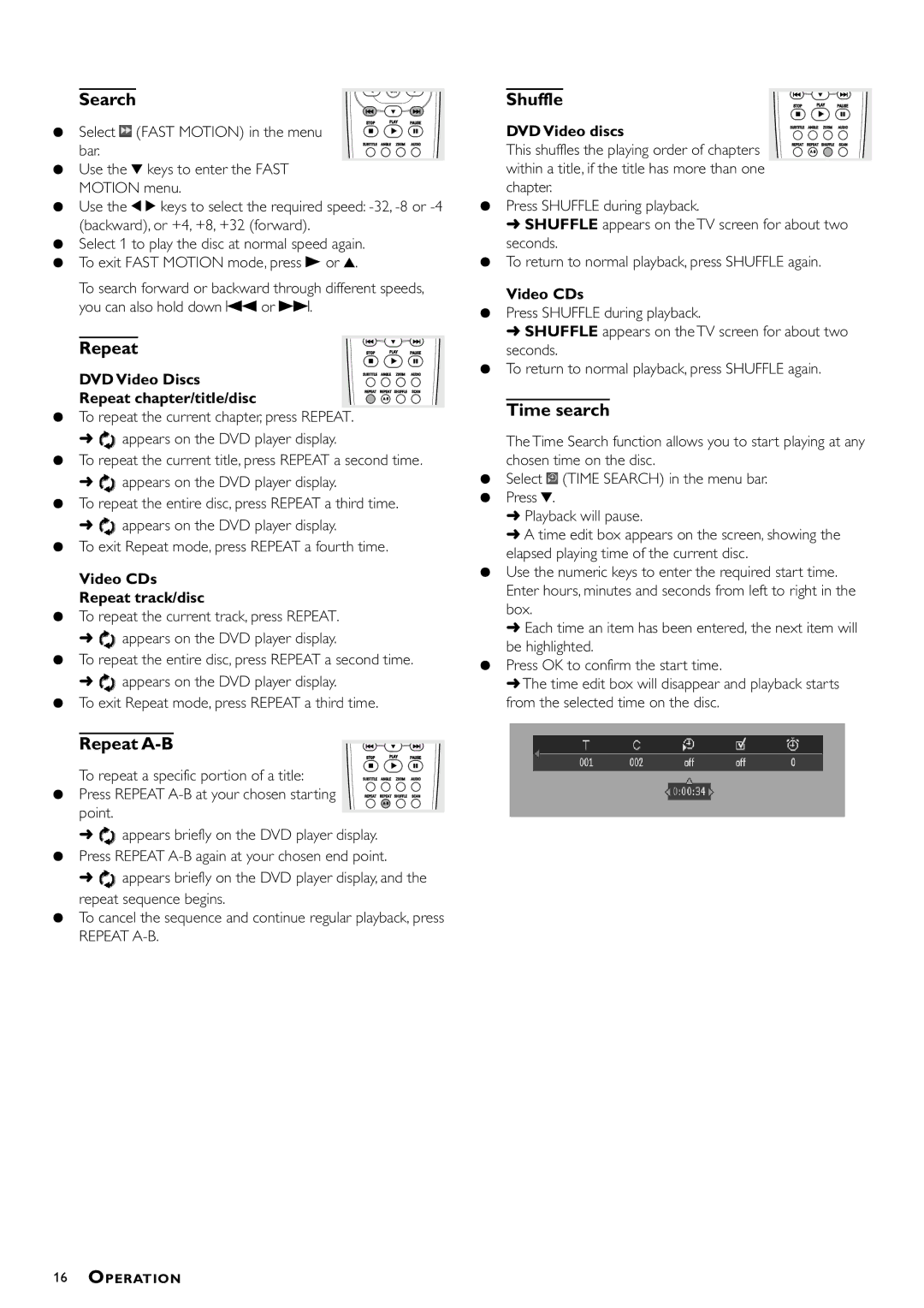 Philips DVDQ40/052 owner manual Search, Repeat A-B, Shuffle, Time search 