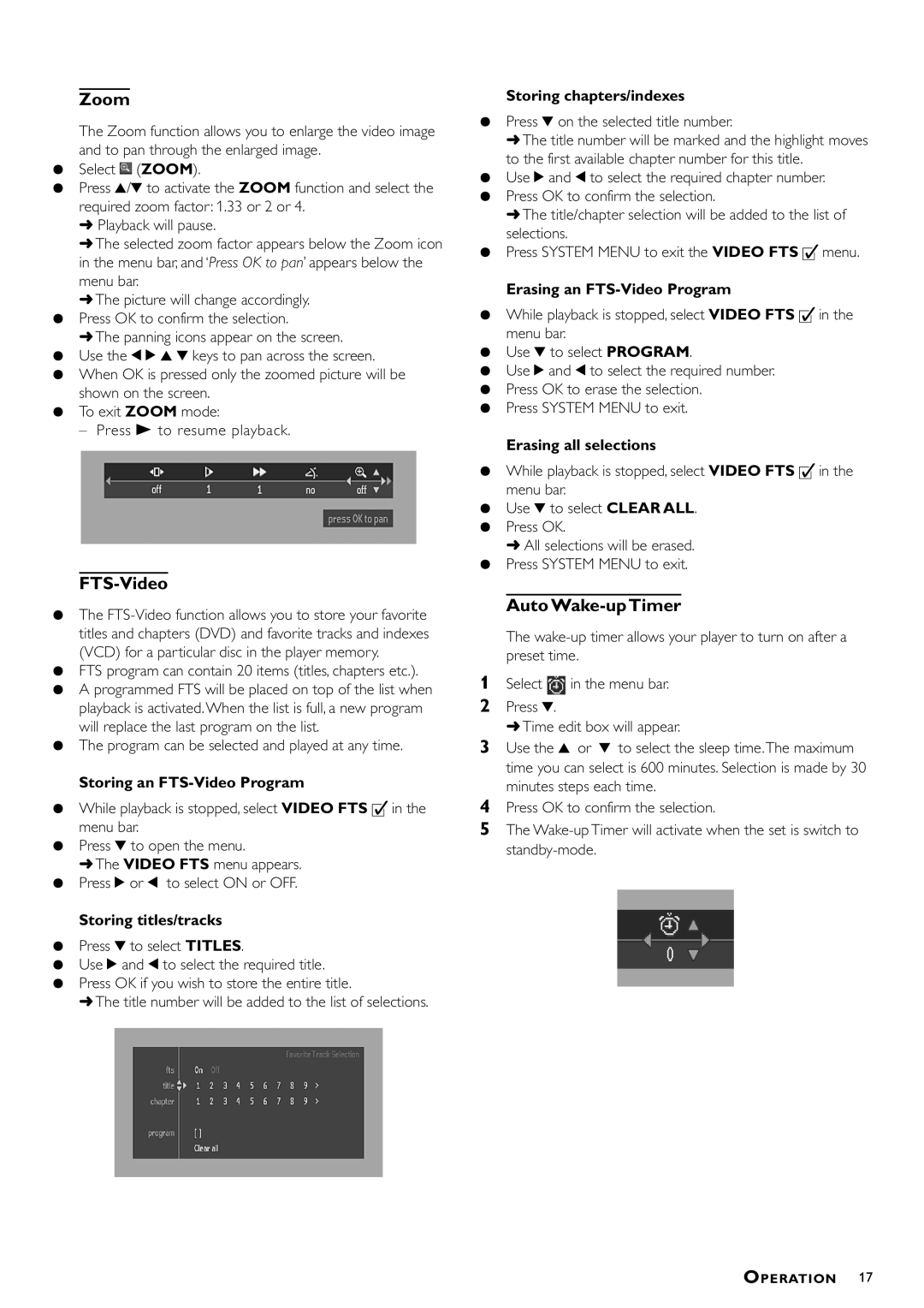 Philips DVDQ40/052 owner manual Zoom, FTS-Video, Auto Wake-up Timer 