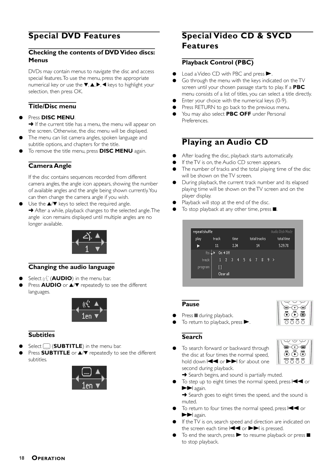 Philips DVDQ40/052 owner manual Special DVD Features, Special Video CD & Svcd Features, Playing an Audio CD 