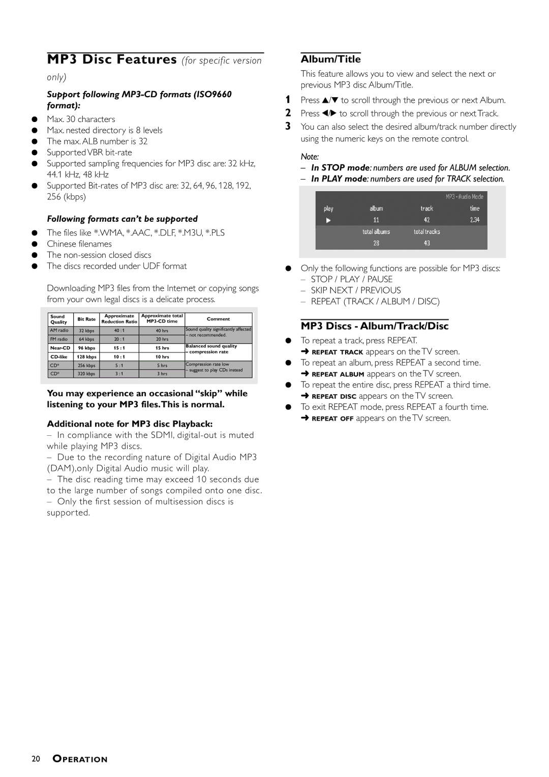 Philips DVDQ40/052 owner manual Album/Title, MP3 Discs Album/Track/Disc, Additional note for MP3 disc Playback 