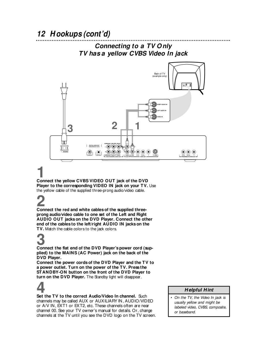 Philips DVDQ50 owner manual TV has a yellow Cvbs Video In jack 