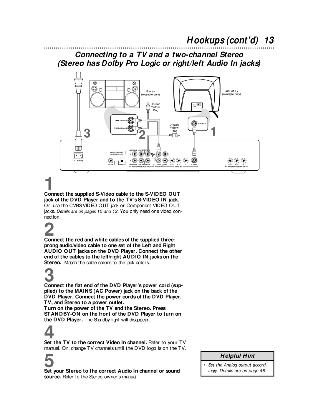 Philips DVDQ50 owner manual Set the Analog output accord- ingly. Details are on 